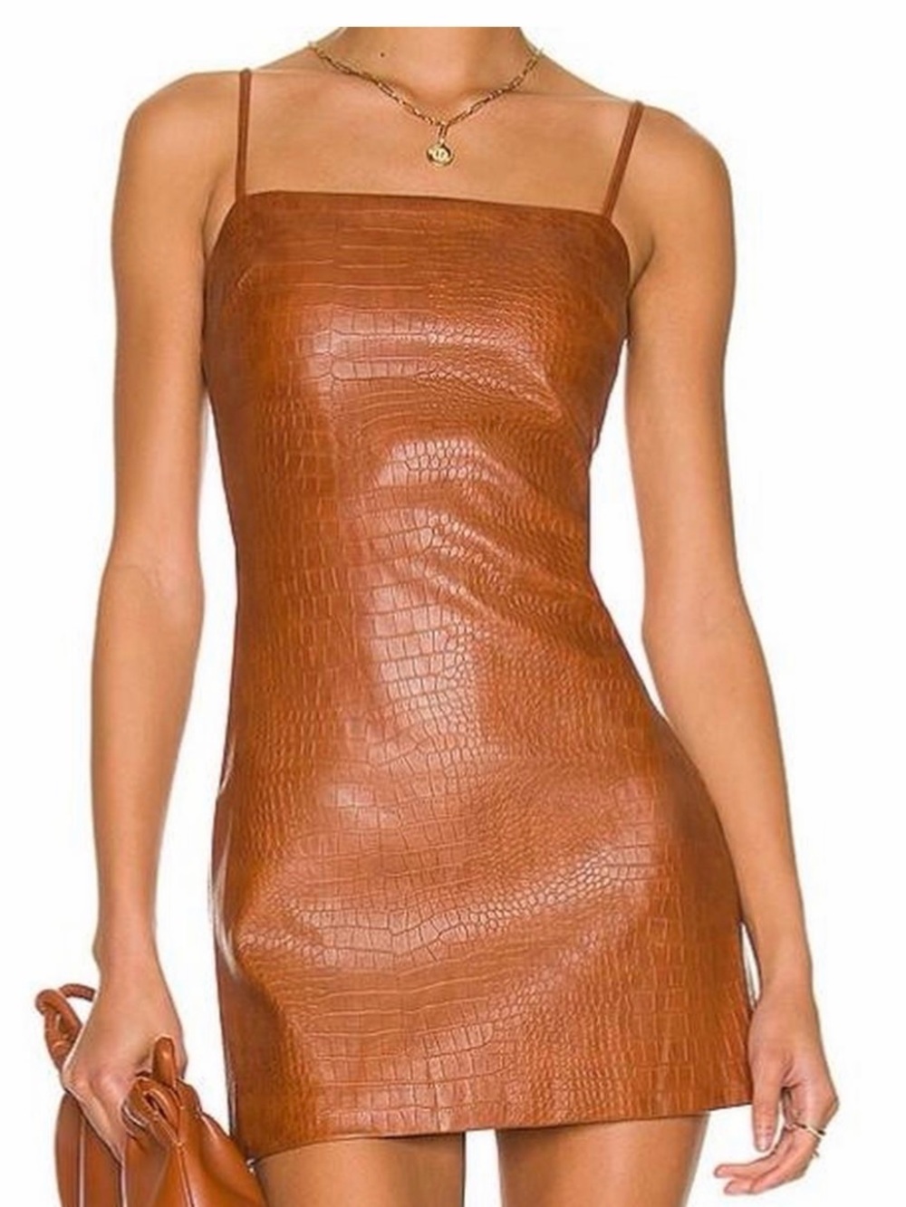 Bardot Croc-Embossed Faux Leather Mini Dress in Cognac